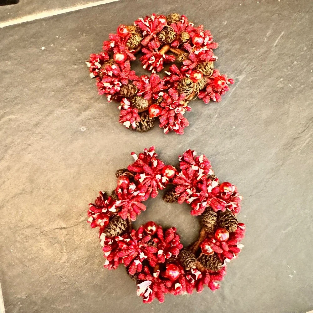 Set of 2 Red Berry Pinecone‎ Mini Wreaths Christmas Holiday Decor Accent